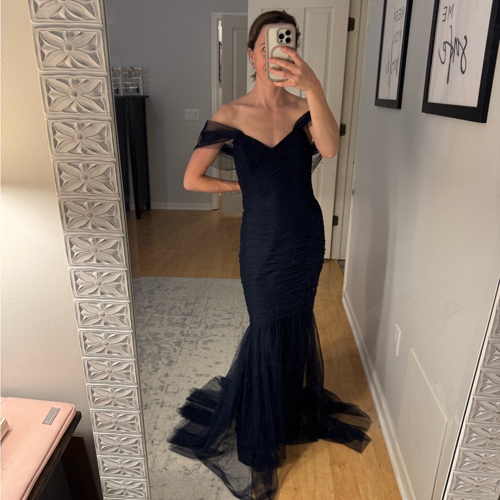 Navy Blue Off-Shoulder Sleeveless Wedding Gown